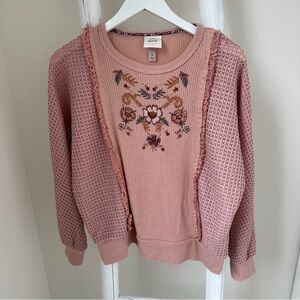 Knox Rose Floral Embroidered Fringe Sweatshirt Sweater Dusty Pink Size Medium